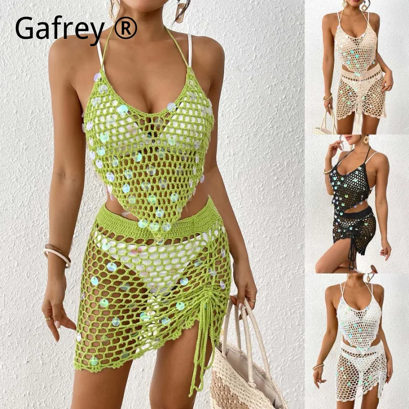 

Женский комплект бикини с пайетками и вставками ручной вязки, 2 предмета, пляжный наряд для отпуска, летний купальник