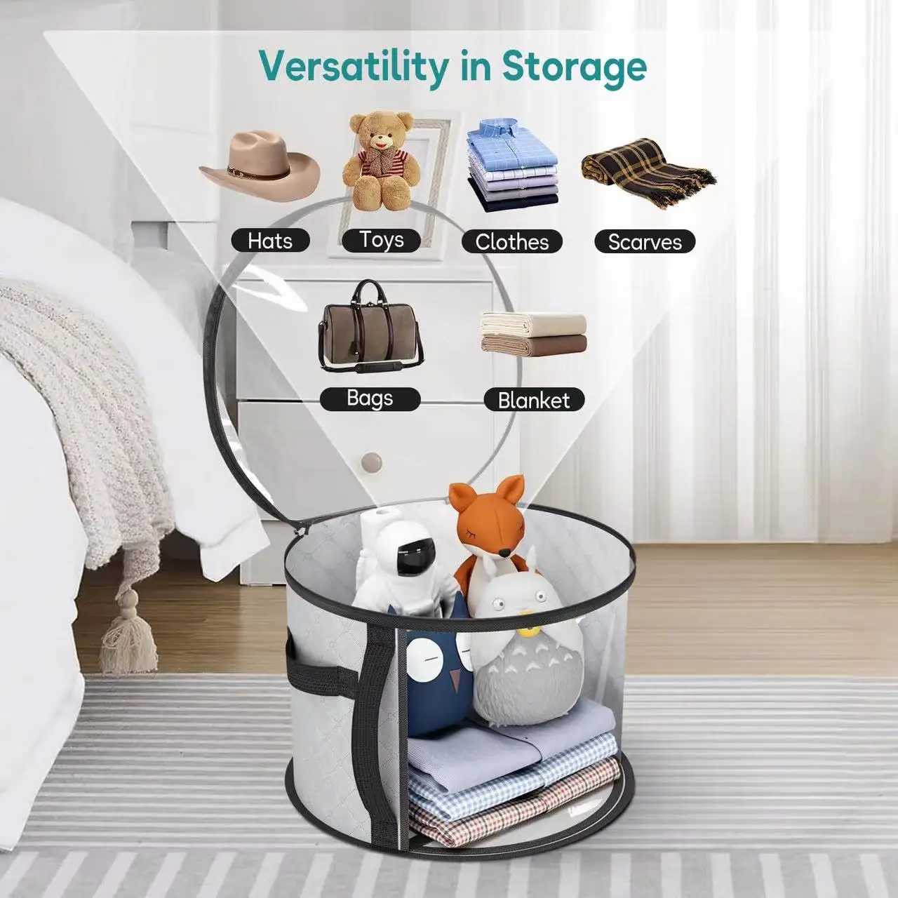 Hat Box Non-woven Clear Storage Bucket Foldable Travel Storage Box with Zipper Clothes Hat Large Capacity Organizing Bag