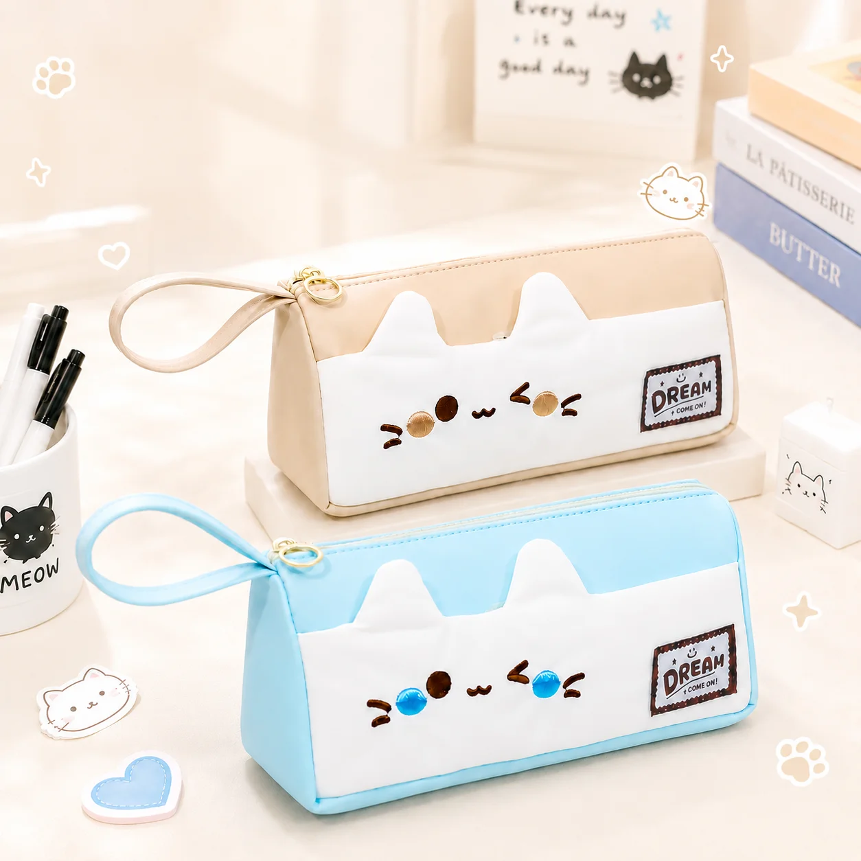 Kawaii Cat Pencil Case Large Capacity Pen Bag with Wrist Strap Front Pocket Cute Stationery Organizer for Girls Students School