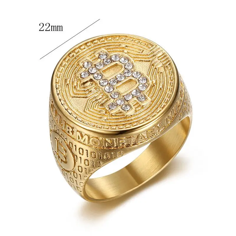 Stainless Steel Titanium Hip Hop Bling Iced Out Bitcoin Punk Rings for Men Women Couple Boyfriends Gift Fashion Jewelry