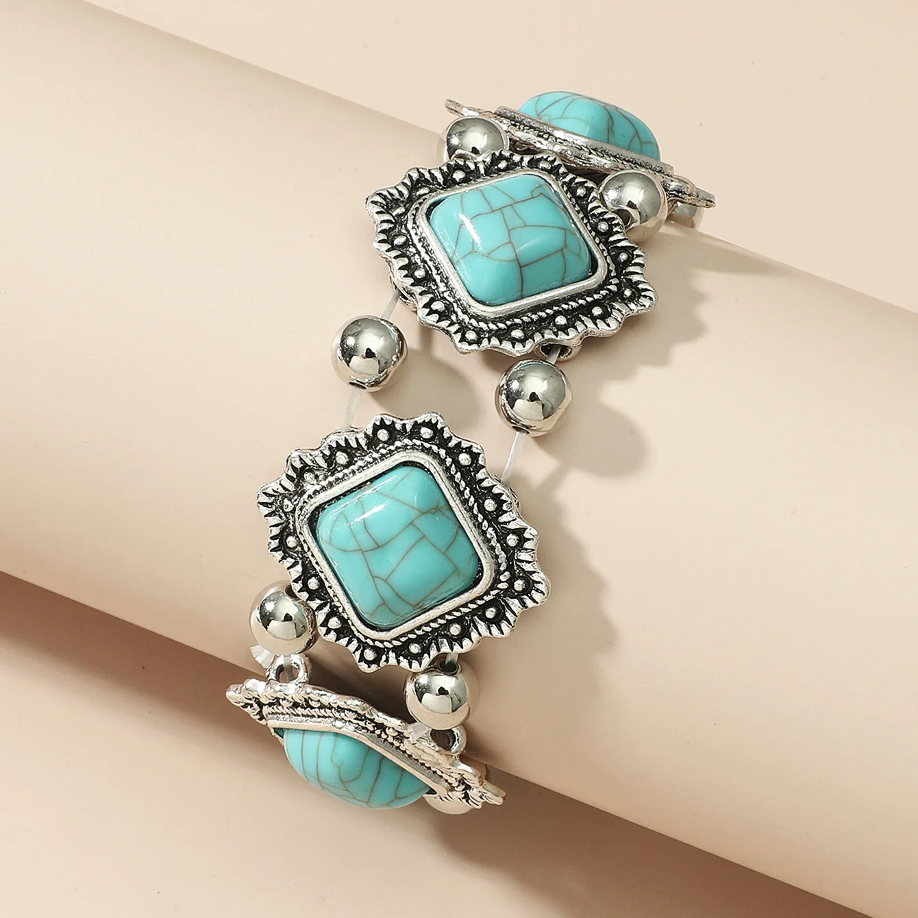 Women Fashion Vintage Ethnic Style Personalized Retro Bracelet Alloy Turquoise Elastic Women Handicraft Bracelet Accessories GIF