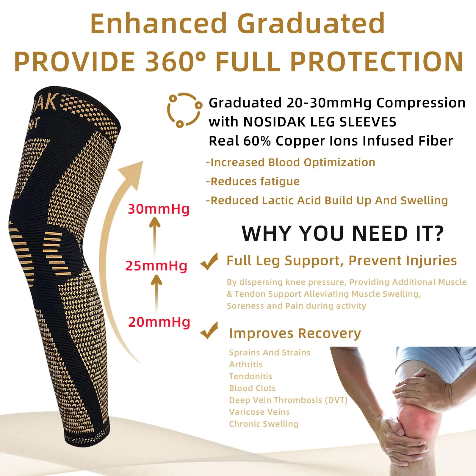 قطعة واحدة من دعامات الركبة المضغوطة الطويلة المحبوكة من النحاس - أكمام ضغط كاملة الساق للرجال والنساء - دعم للتمرين ﻿