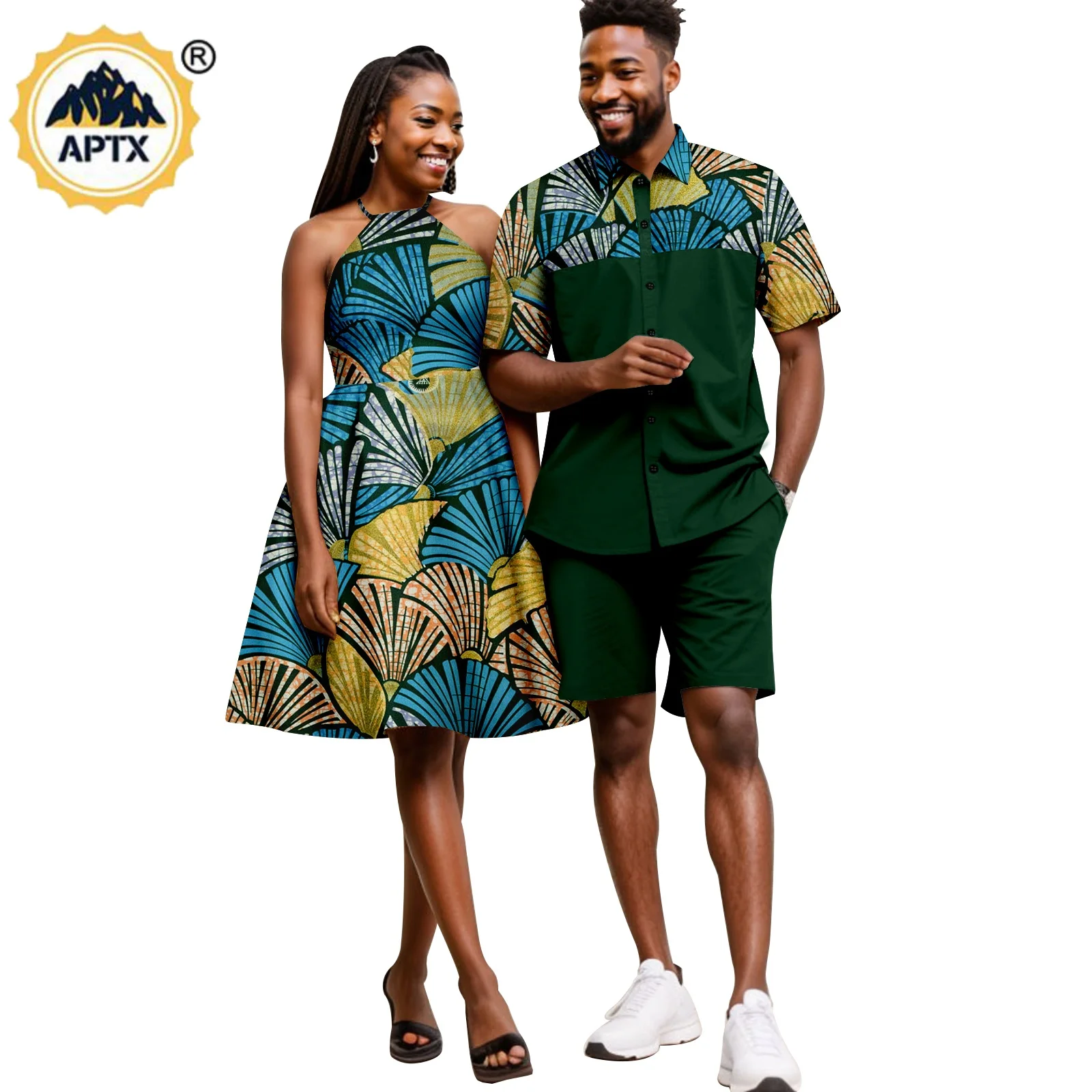 Summer African Sexy Halter Dresses for Women Matching Men Outfits Top Shirt and Short Pant Sets Bazin Couple Clothes 24C028