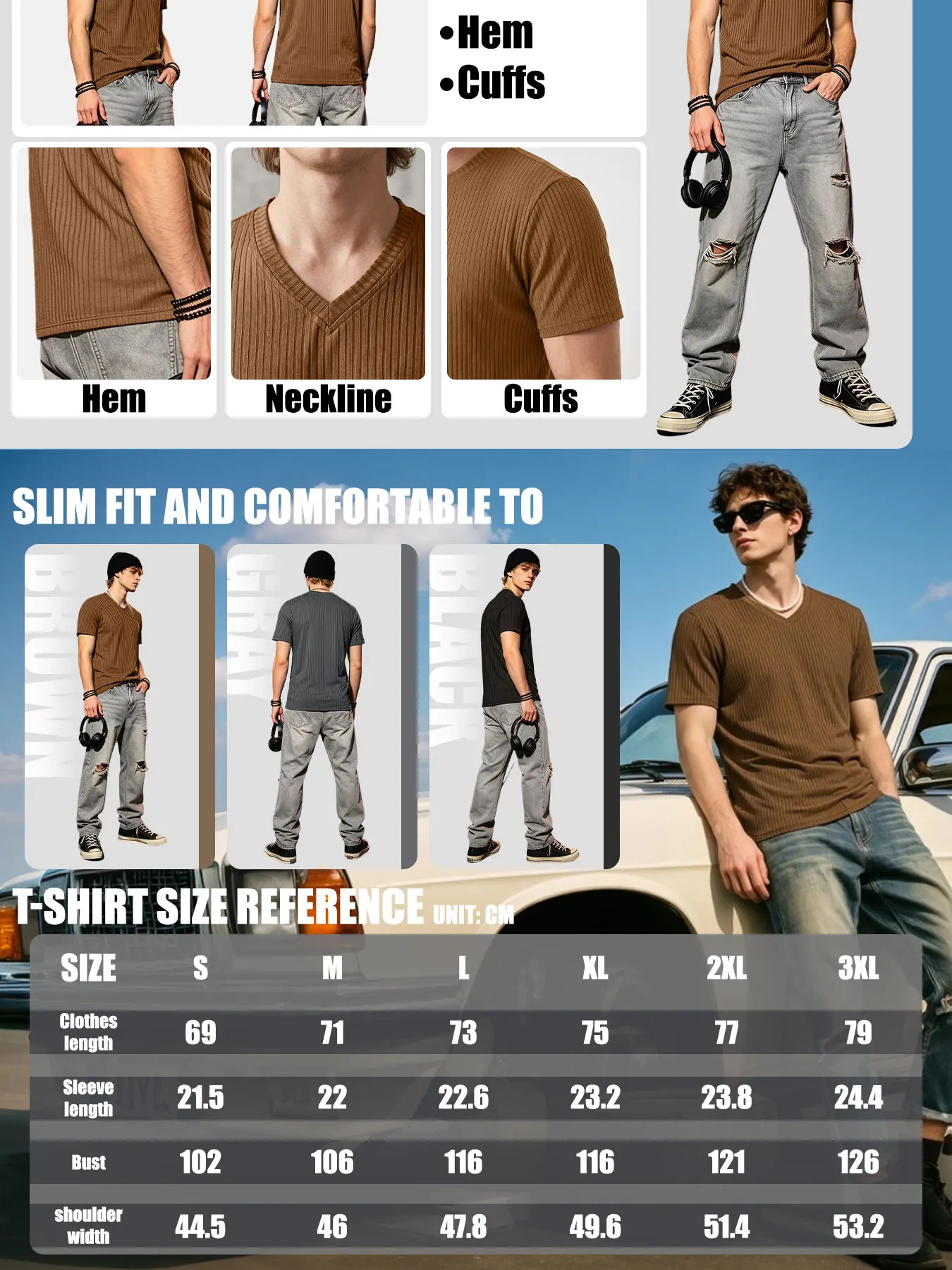 Men Vertical Ribbed V-Neck T-Shirt Slim Fit Breathable Quick Dry Stretch Knit Casual Streetwear Short Sleeve Pullover image 6
