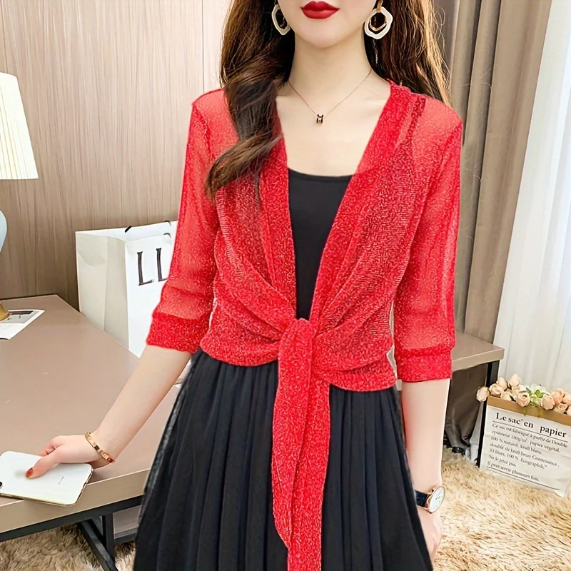 1pcs Elegant Lace Mesh Shawl, Thin Breathable Long Sleeves Smock, Summer Sun Protection Cardigan For Women