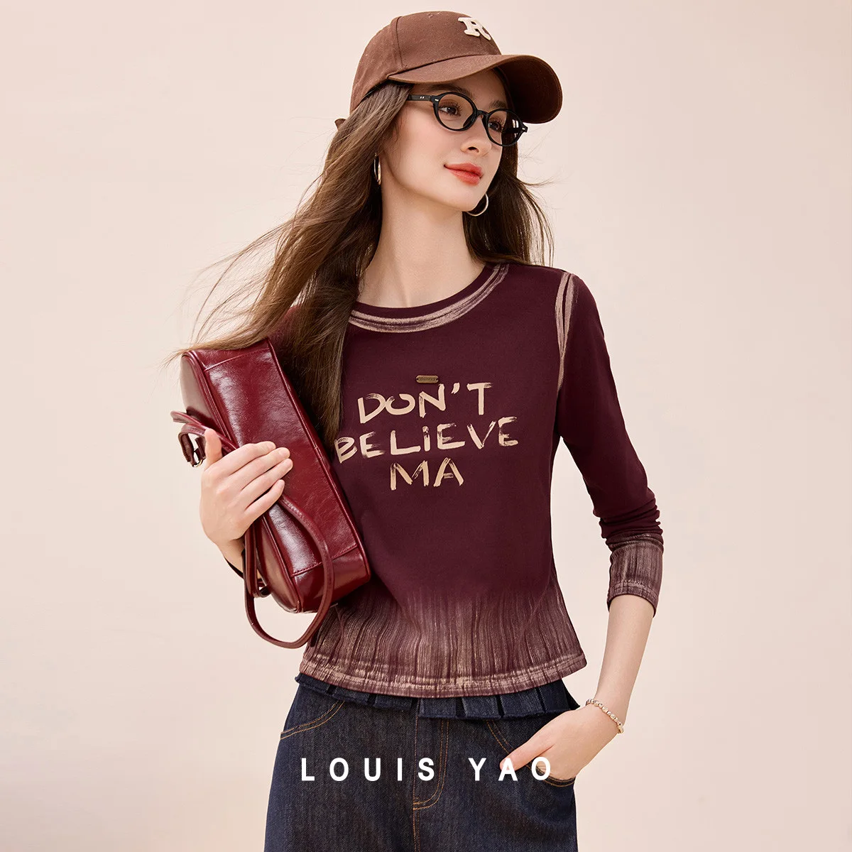 

LOUIS YAO Fashionable Printed Gradient Long-Sleeve T-Shirt 2025 Autumn Micro-Stretch Round Neck Women's T-Shirt Casual Tops