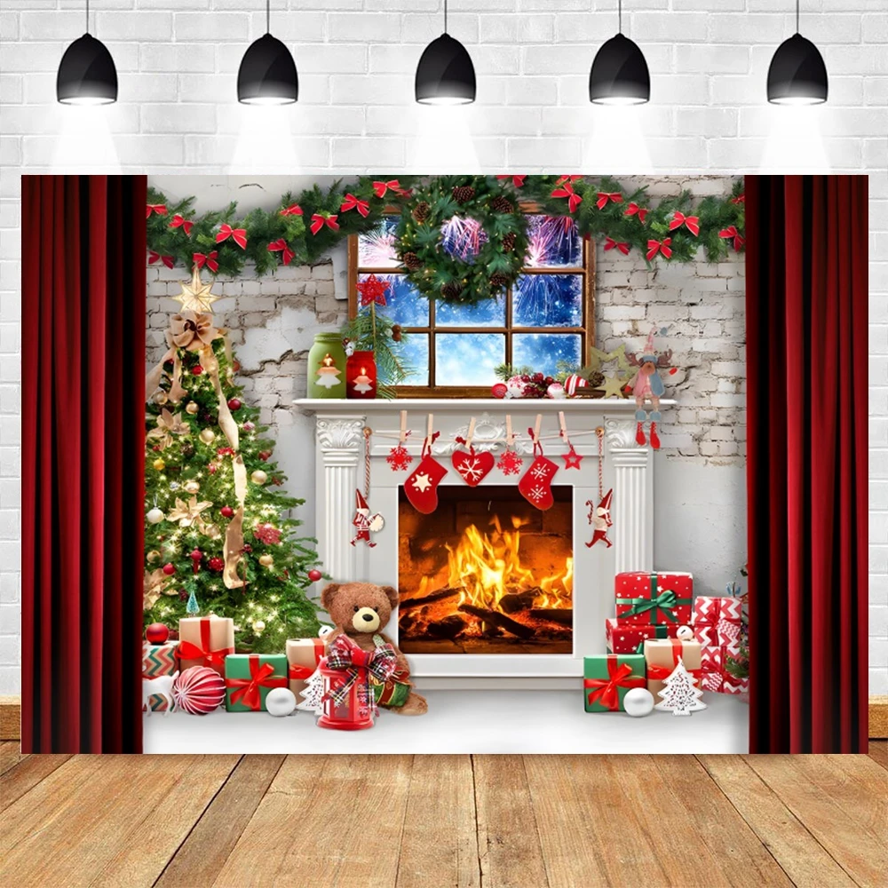 크리스마스 배경 창 벽난로 반짝이 나무 선물, 아기 초상화 사진 배경, 파티 장식, 사진 스튜디오 포토콜