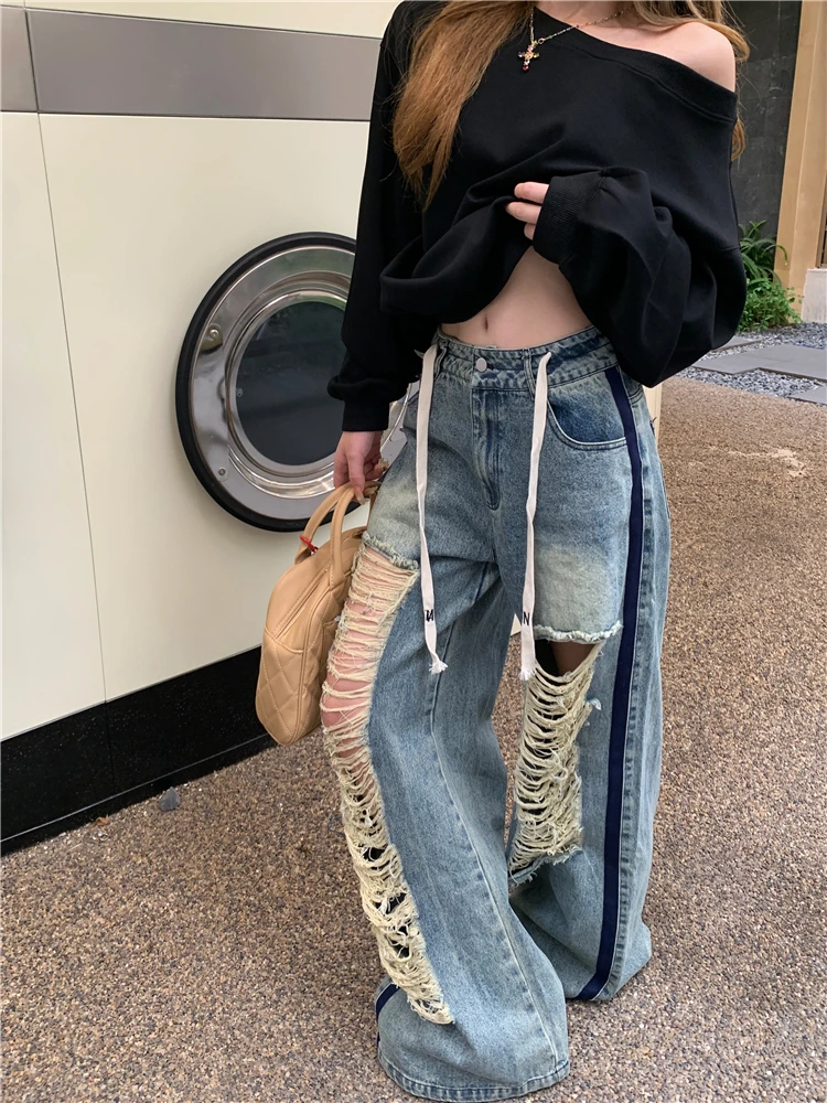 Benuynffy Streetwear American Loose Wide-leg Jeans For Women Autumn New High Waist Drawstring Casual Ripped Straight Pants