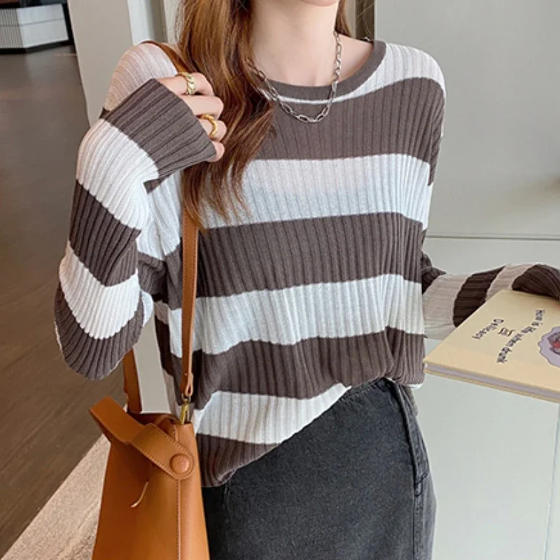 

Pullovers Women Knitted Striped Casual Cozy Korean Style Long Sleeve Autumn Fashion O-neck Female All-match Soft Daily College