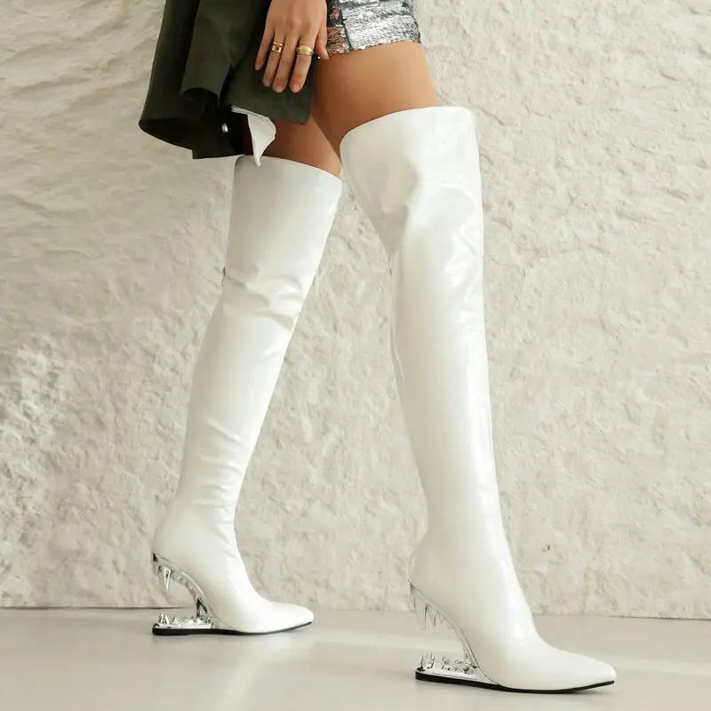 Tiger Teeth Shark Mouth Tooth Hallow Heels Women Overknees Wide Calves Silver Yellow Over-the-knee Luxury Women Thigh Long Boots