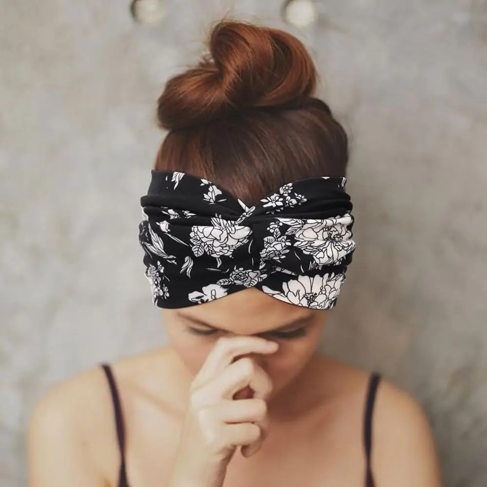Flower Wide Headbands Thick Boho Non-Slip Turban Style Hair Wraps Moisture Wicking Workout Headband for Sports Yoga Daily