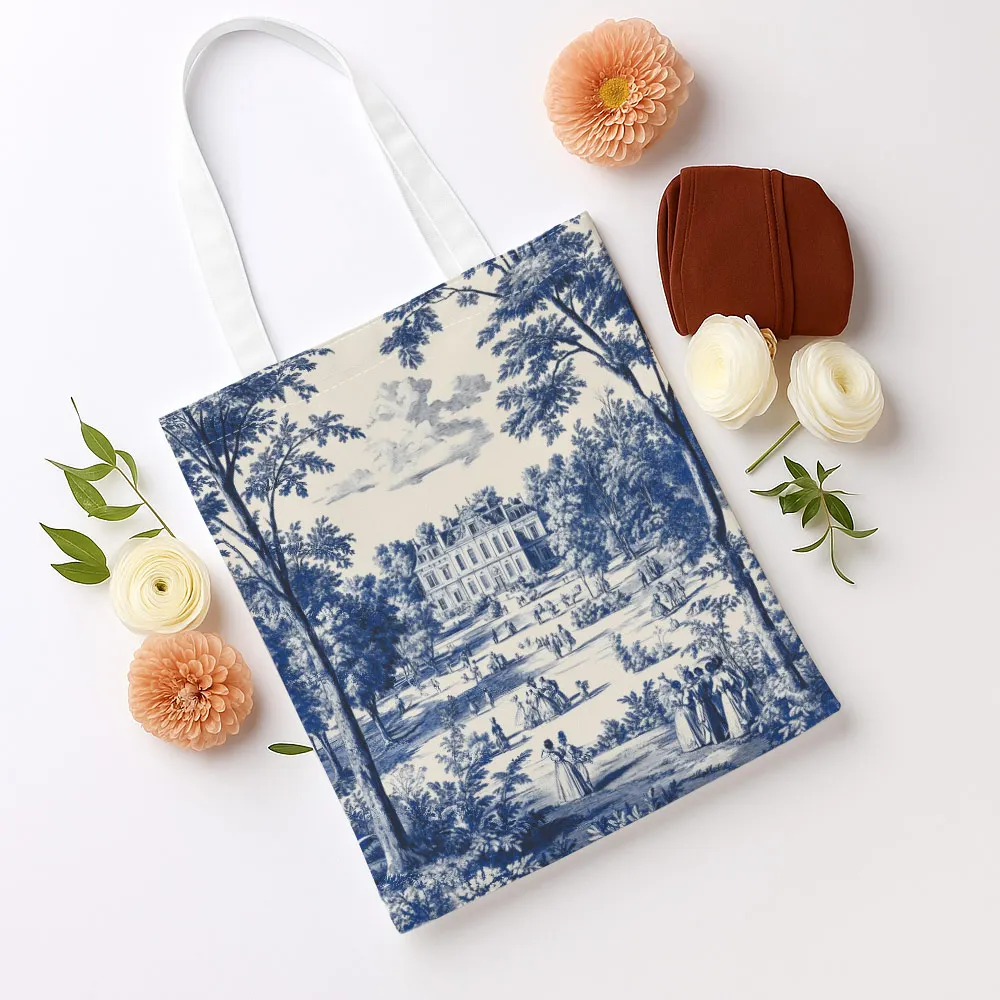 1pc French Blue & White Chateau Landscape Printed Tote Bag, reusable shopping bag, suitable for daily use,shopping,school,travel