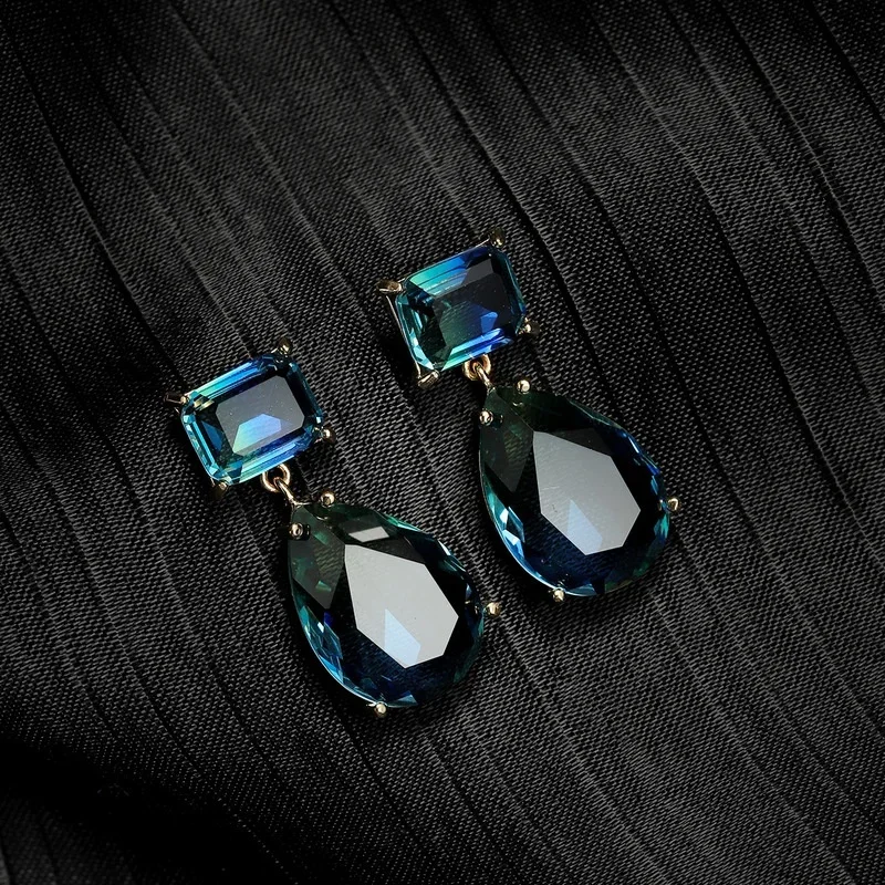 Luxury Square Blue Green Zircon Earrings for Women Trendy Jewelry Exquisite Gold Color Geometry Drop Dangle Earring