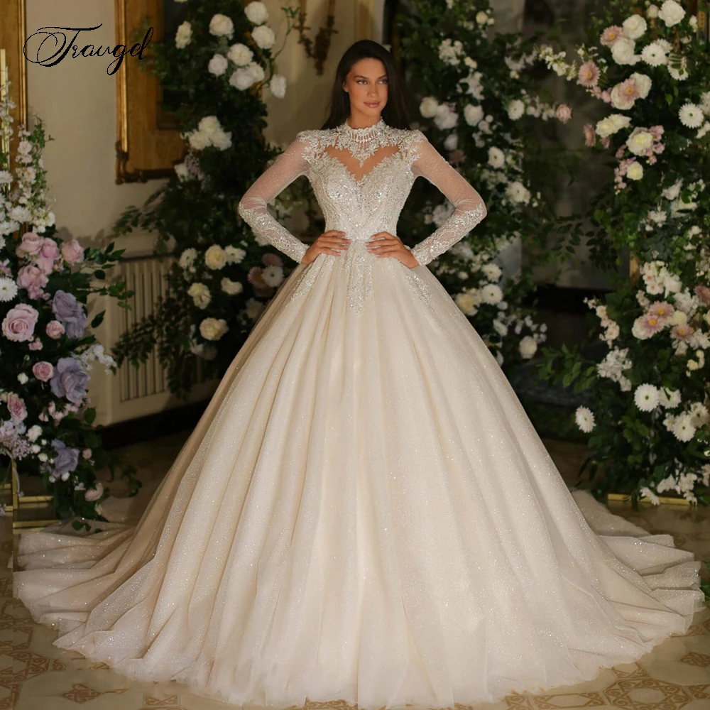 Traugel vestido de baile princesa vestidos de casamento alta pescoço manga longa vestido de novia renda bordado requintado robe de mariee