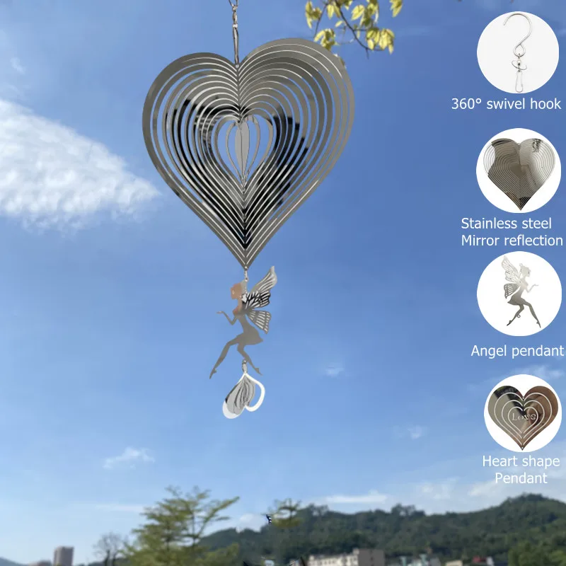 

3D Wind Spinner Stainless Steel Fairy Heart Hanging Outdoor Garden Decor Water Drop Spinners Chime Mirror Reflective Birds Scare