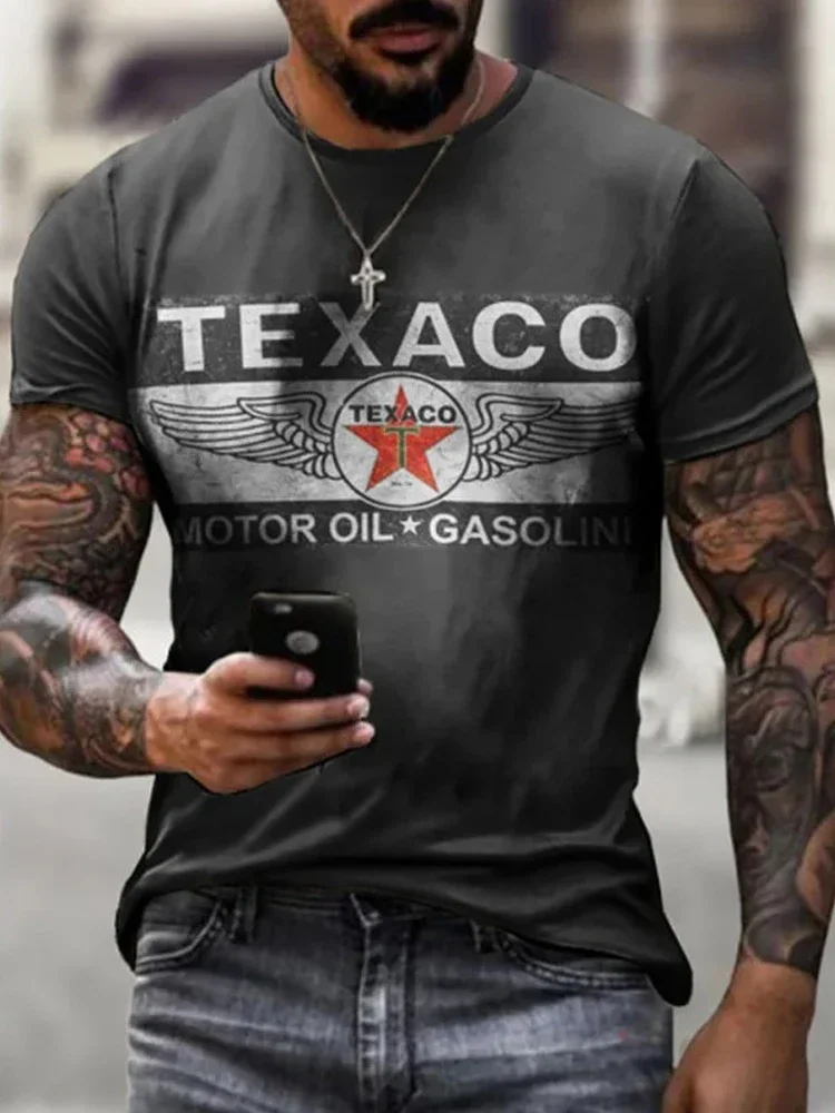 New Men\'s T-shirt Texaco Gasoline+Engine Oil Letters 3D Printed Short Sleeve Tees Summer Oversized Round Neck Retro Man T Shirts