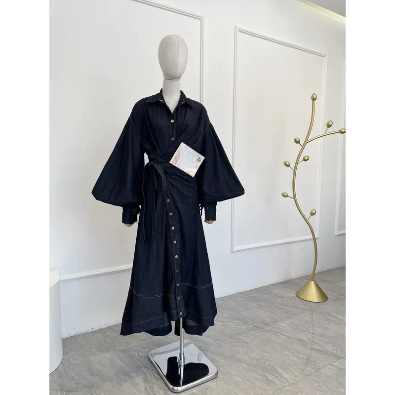 2025 Vestido midi vaquero de manga larga azul marino de nueva moda