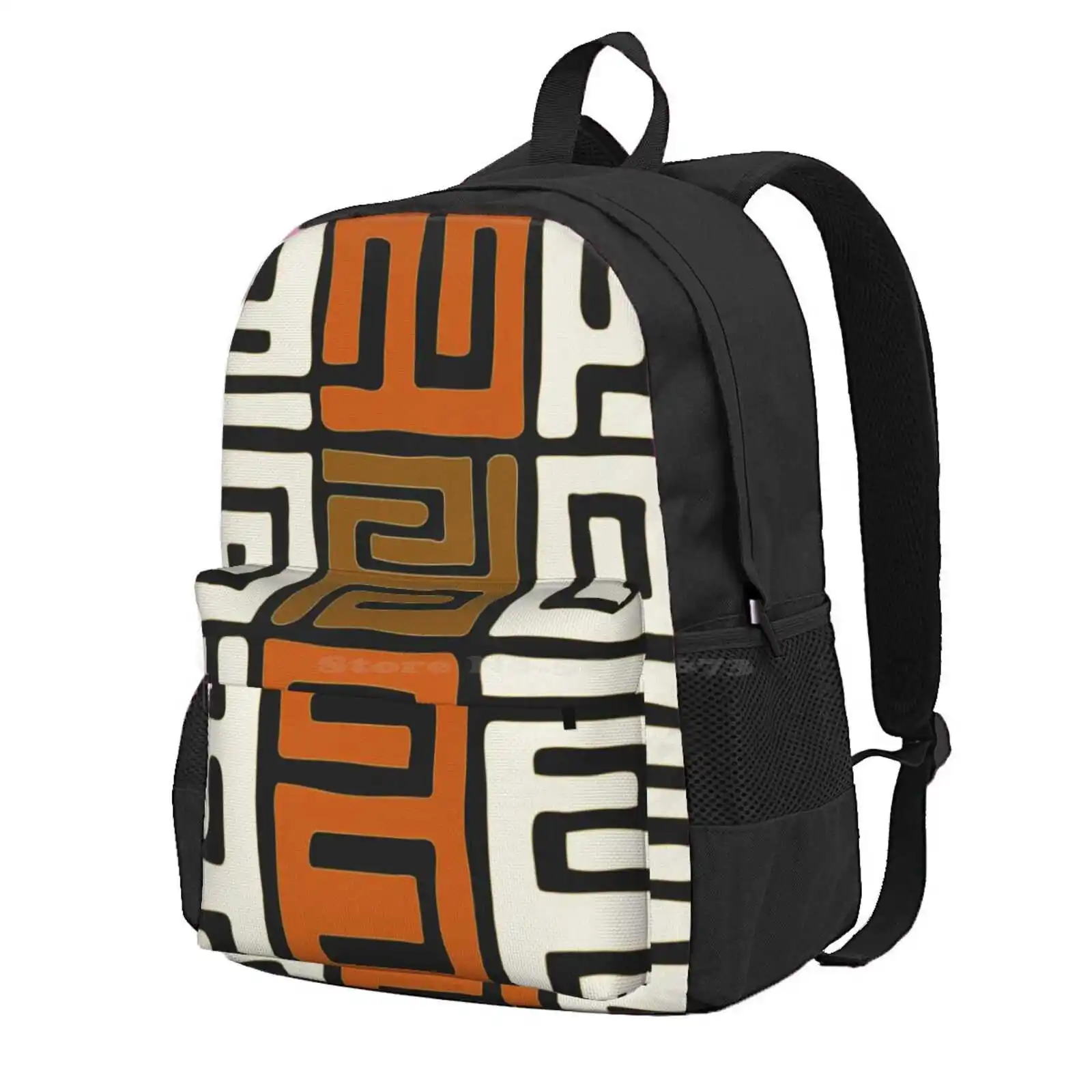 African Kuba Fabric Inspired | Cream And Auburn Pattern Hot Sale Schoolbag Backpack Fashion Bags African Kuba Colorful Muted