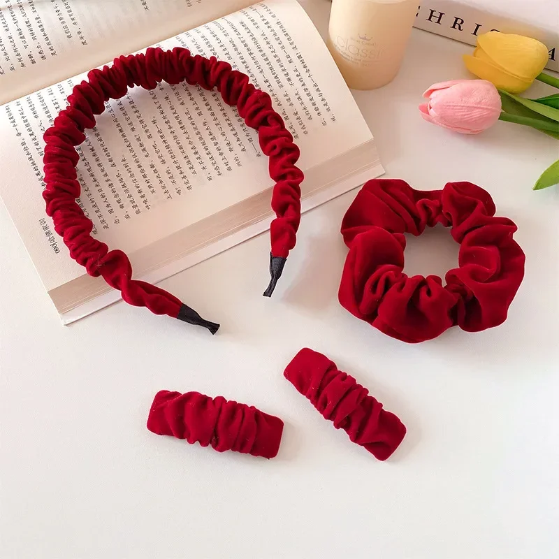 

Red velvet pleated hairpin female winter temperament side clip ponytail hair ring bangs broken hairpin hairband hair accessories