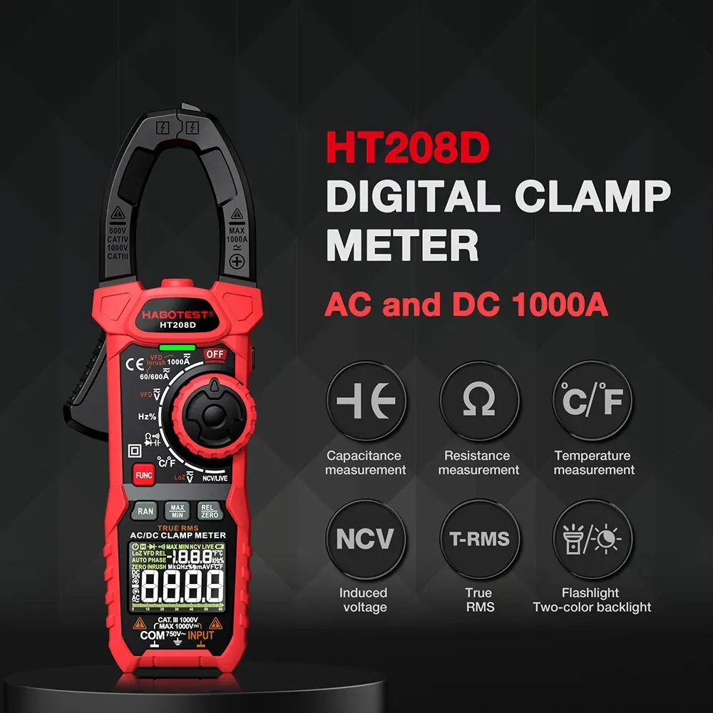 HT208D Amp Meter Clamp AC/DC, 1000A True RMS Multimeter Tester, 6000 zliczeń, z temperaturą, NCV, LPF, test napięcia i prądu