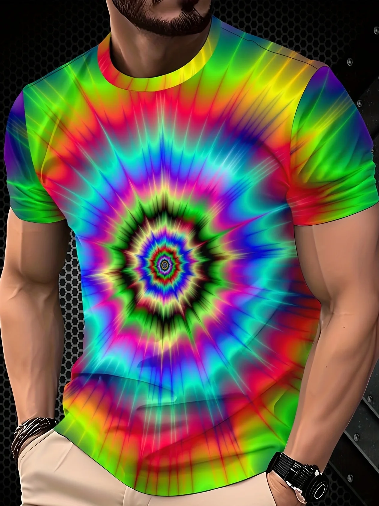 Herren Tie-Dye T-Shirt Regenbogen Spiral Psychedelischer Druck Rundhals Kurzarm Lässiges Hippie Streetwear Oberteil – Detail 1