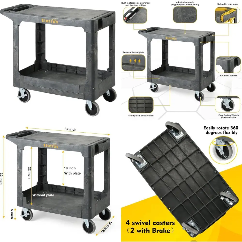 Wytrzymały 2-poziomowy wózek narzędziowy z tworzywa sztucznego, płaska platforma 37x18,8 cala, kółka obrotowe, udźwig 250 kg, idealny do magazynu, garażu, sprzątania - G