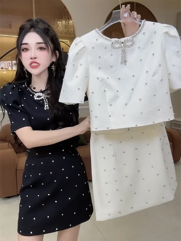 2024 new heavy industry diamond inlaid bubble sleeve short sleeved+short skirt two-piece set