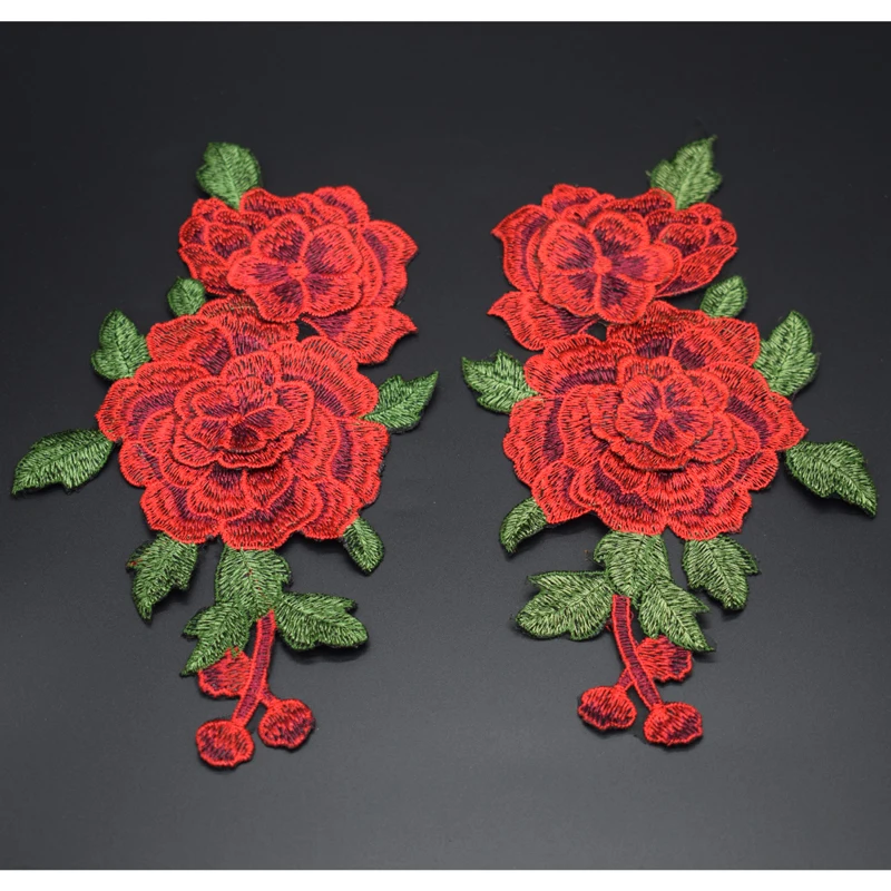 1 Pair Red Embroidery Rose Flower Sew On Patch Dress Hat Bag Jeans Applique Crafts Clothing Accessories 23*12CM
