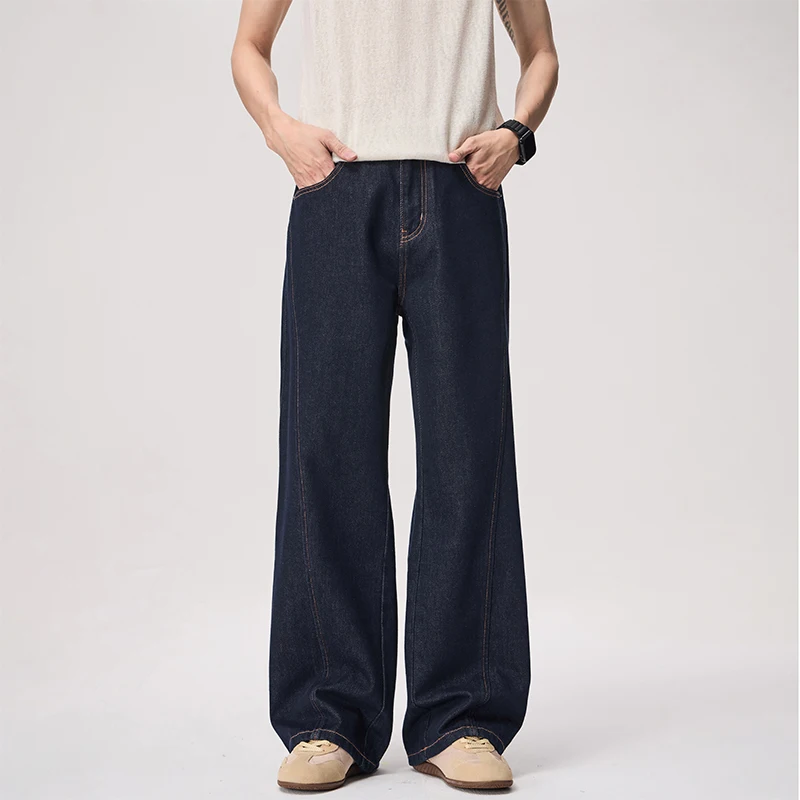 

2026 Men's Jeans Streetwear Baggy Wide Leg Raw Indigo Denim Patchwork Design Loose Fit Jeans for Men Casual Menswear Pants