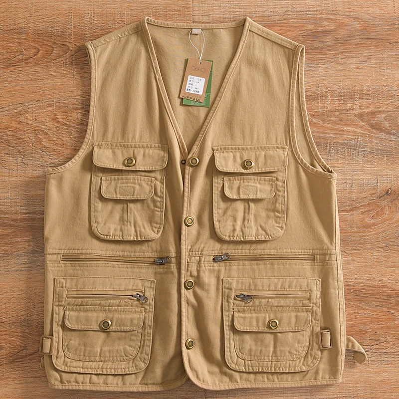 

Vintage American Style Twill Cotton Utility Vest Multi-Pocket Spring/Autumn Outdoor Workwear Waistcoat for Men Plus Size 4XL