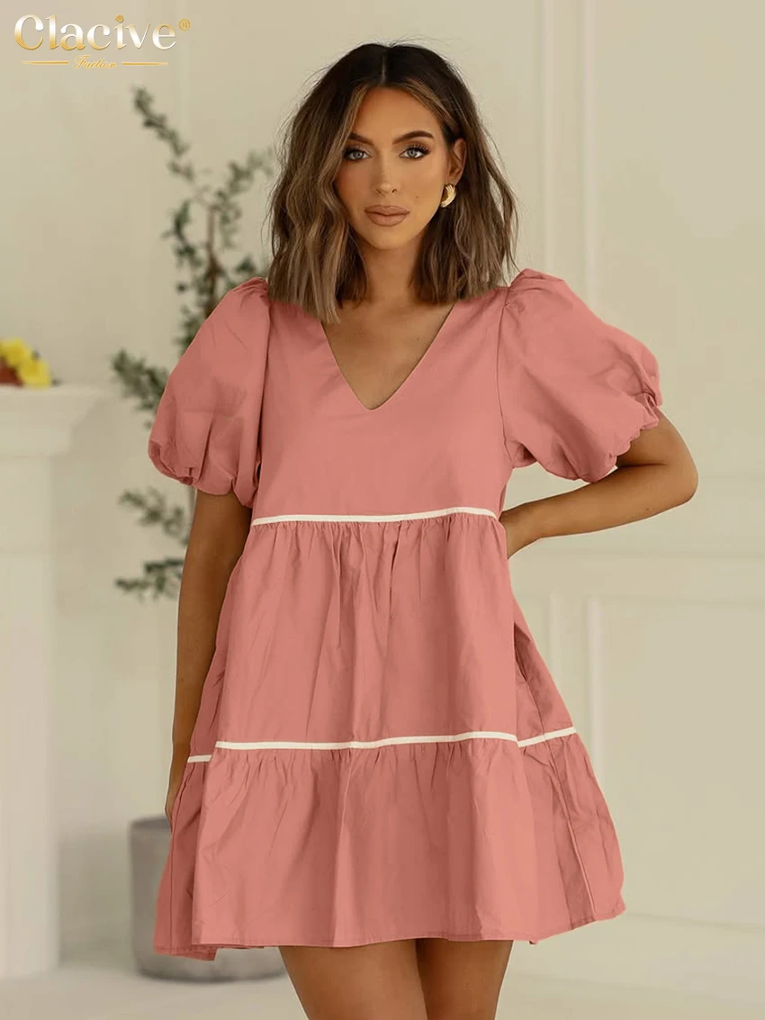 

Clacive Summer Loose Orange Cotton Women Dress 2025 Fashion V-Neck Short Sleeve Mini Dresses Elegant Classic Solid Female Dress