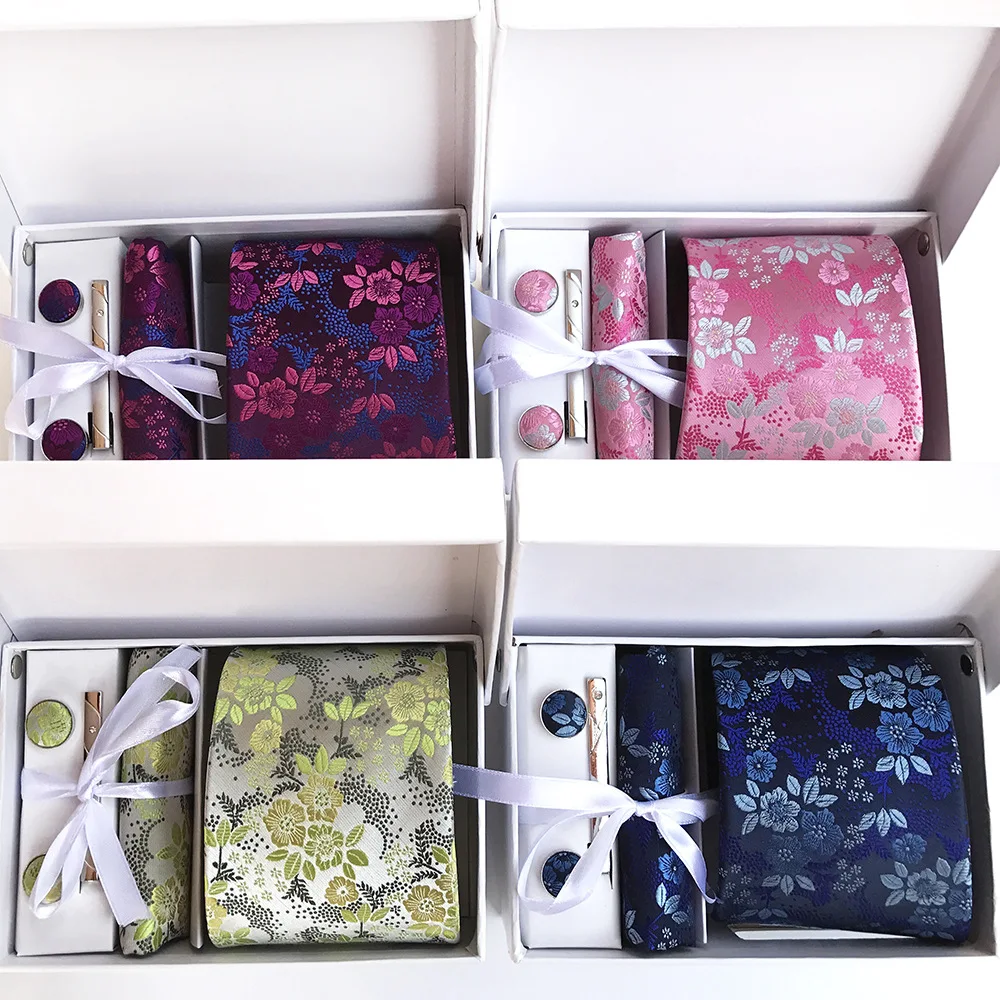 Luxury Tie Set Gift Box For Men Paisley Floral Silk Neck Tie Pocket Squares Cufflinks Tie Clips Set Formal Wedding Party Ties
