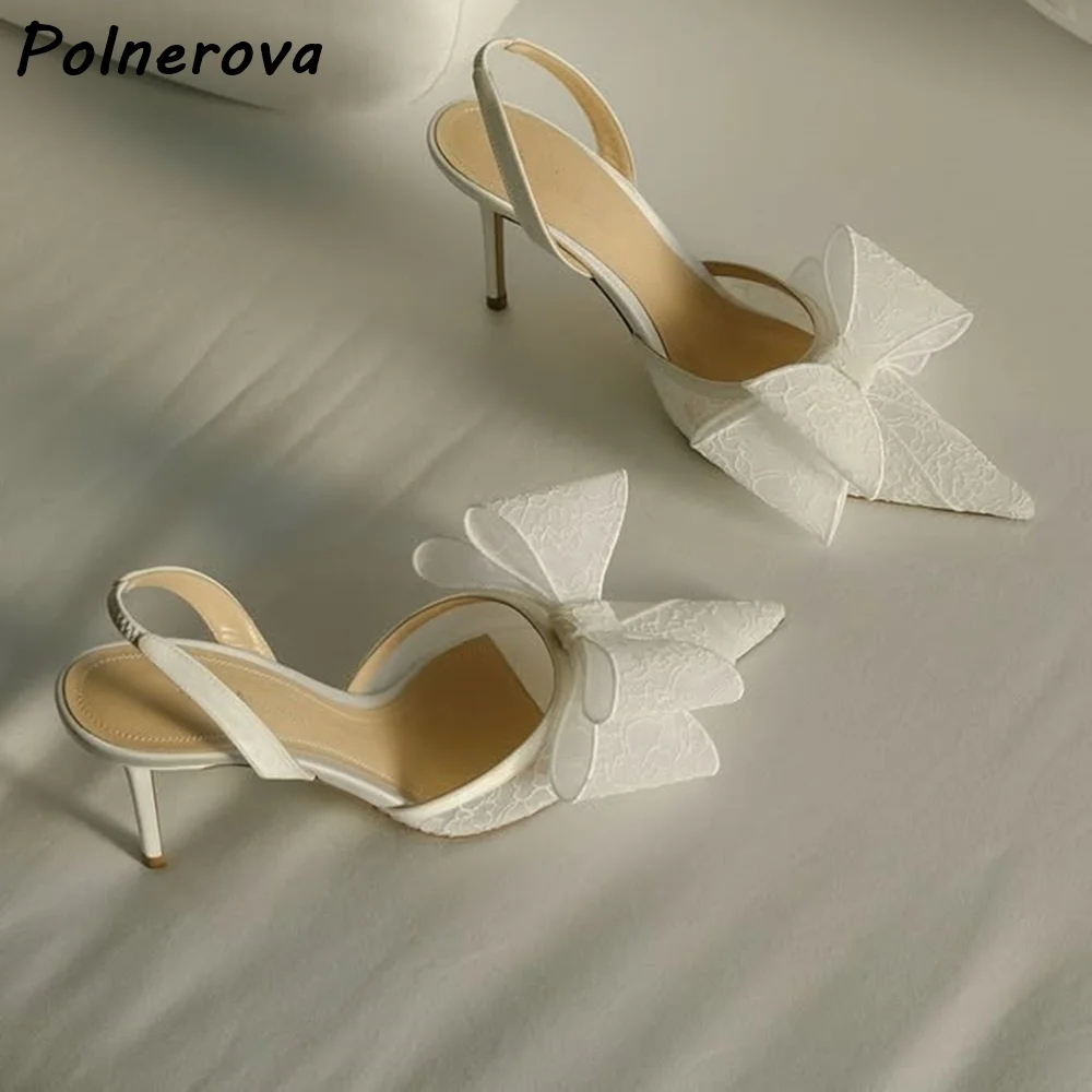 

Женские туфли-слингбэки с кружевным бантом, на шпильке, с острым носком, однотонные белые, элегантные, для свадьбы, вечеринки, торжественных мероприятий