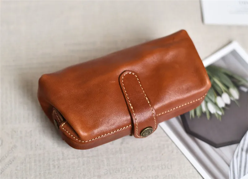 Simple vintage designer genuine leather women clutch cosmetic bag casual soft real cowhide small rencil coin purse storage bag