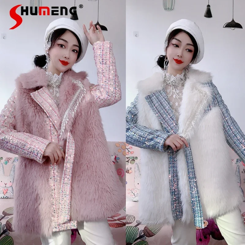 

Ladies 2024 Autumn and Winter New Faux Fur Fashion Beaded Sequined Woolen Stitching Imitation Fox Hair Light Luxury Fur Jackets