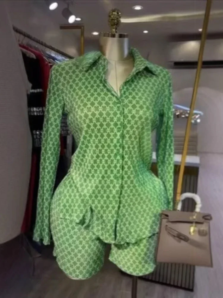 

Sweet and fresh printed lapel collar long-sleeved shirt high waist shorts two-piece set fashionable simple and versatile tempera