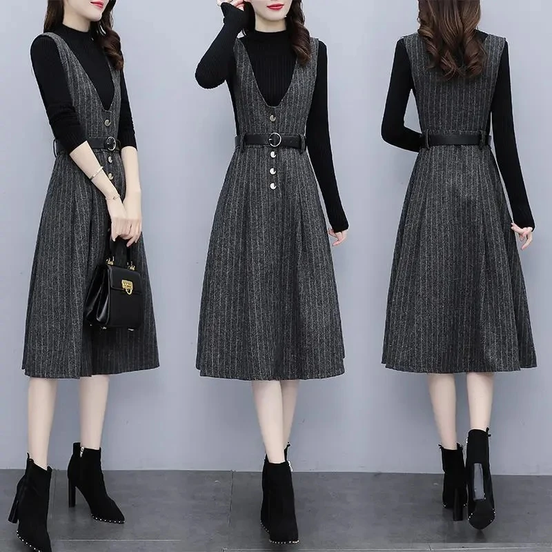 2023 New Autumn Winter Women's Dresses New Stripe Sleeveless Vest Strap Dress Elegant Ladies Mid Length Office A-Line Dress