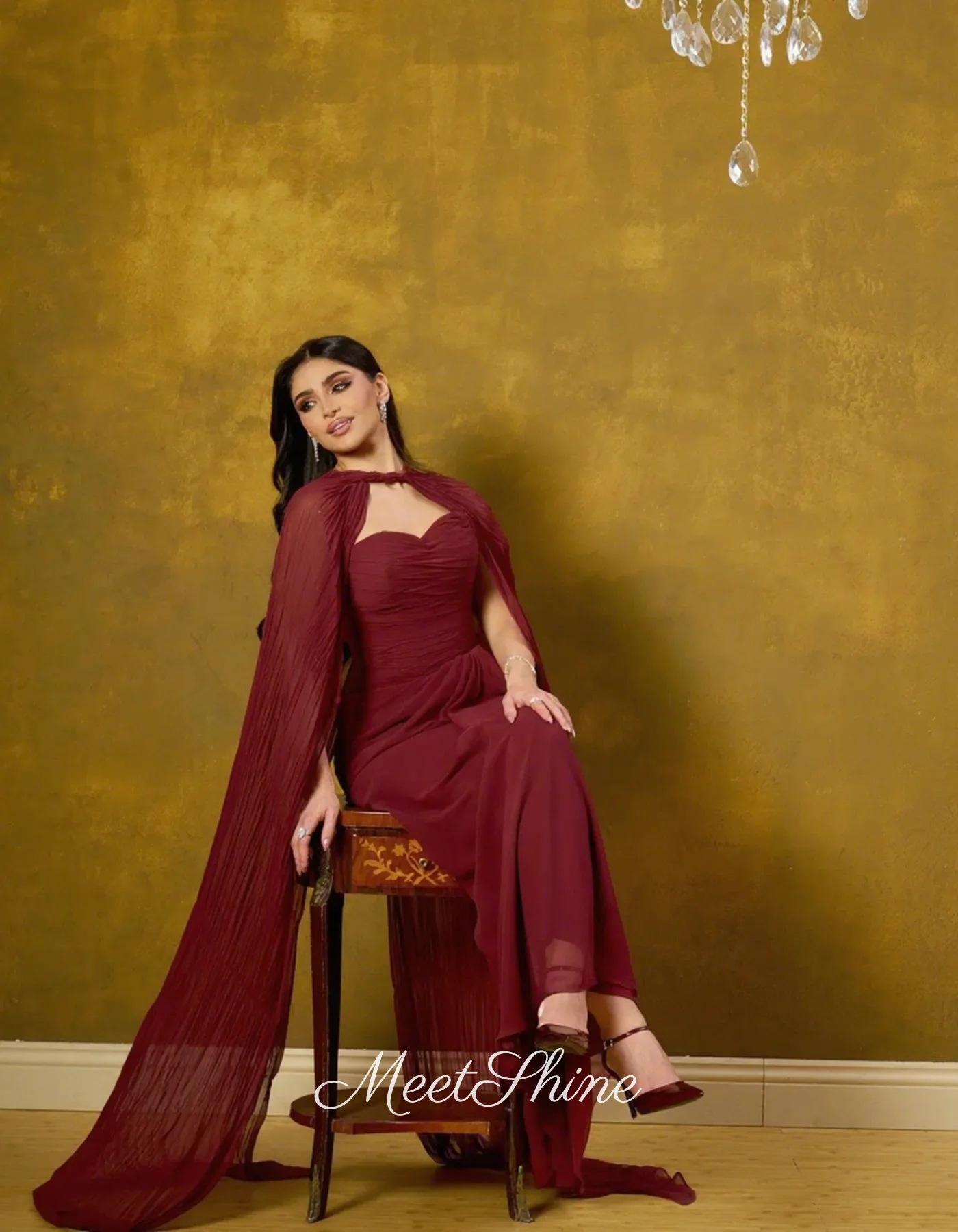 Элегантное бордовое шифоновое вечернее платье трапециевидной формы в форме сердца, Саудовская Аравия, с длинными рукавами-накидкой, свадебные платья, платье для выпускного вечера по индивидуальному заказу