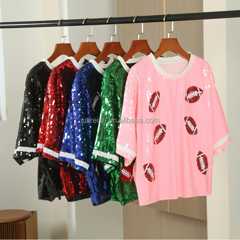 One Size Game Day Black Blue Sequin Rugby Tops