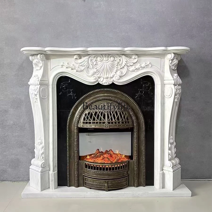 French retro full solid wood carving flower fireplace cabinet simulation fire decoration cabinet, integrated