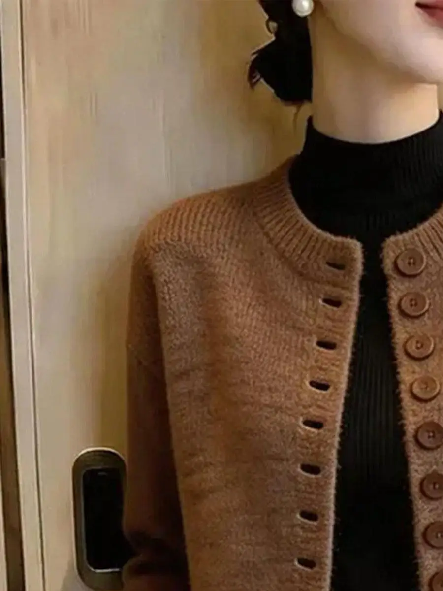 Light Maturity Style round Neck Single Button Knitted Cardigan Women's Short Sleeve Sweater Fashionable Autumn New Arrival