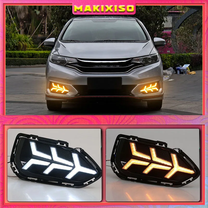 

2pcs LED Daytime Running Lights DRL Fog lamp cover with Yellow turning signal lights For Honda Jazz fit 2018 2019