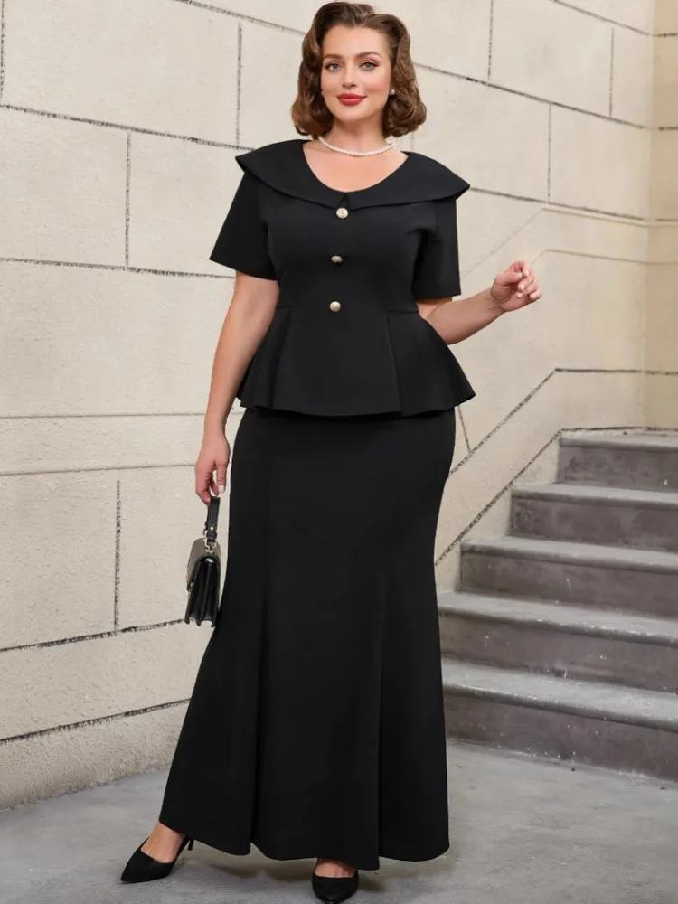 

Two Piece Set Plus Size Clothes Summer Autumn O-Neck Short Sleeve Top And Maxi Skirt Women Sets Streetwear Office Lady Suit