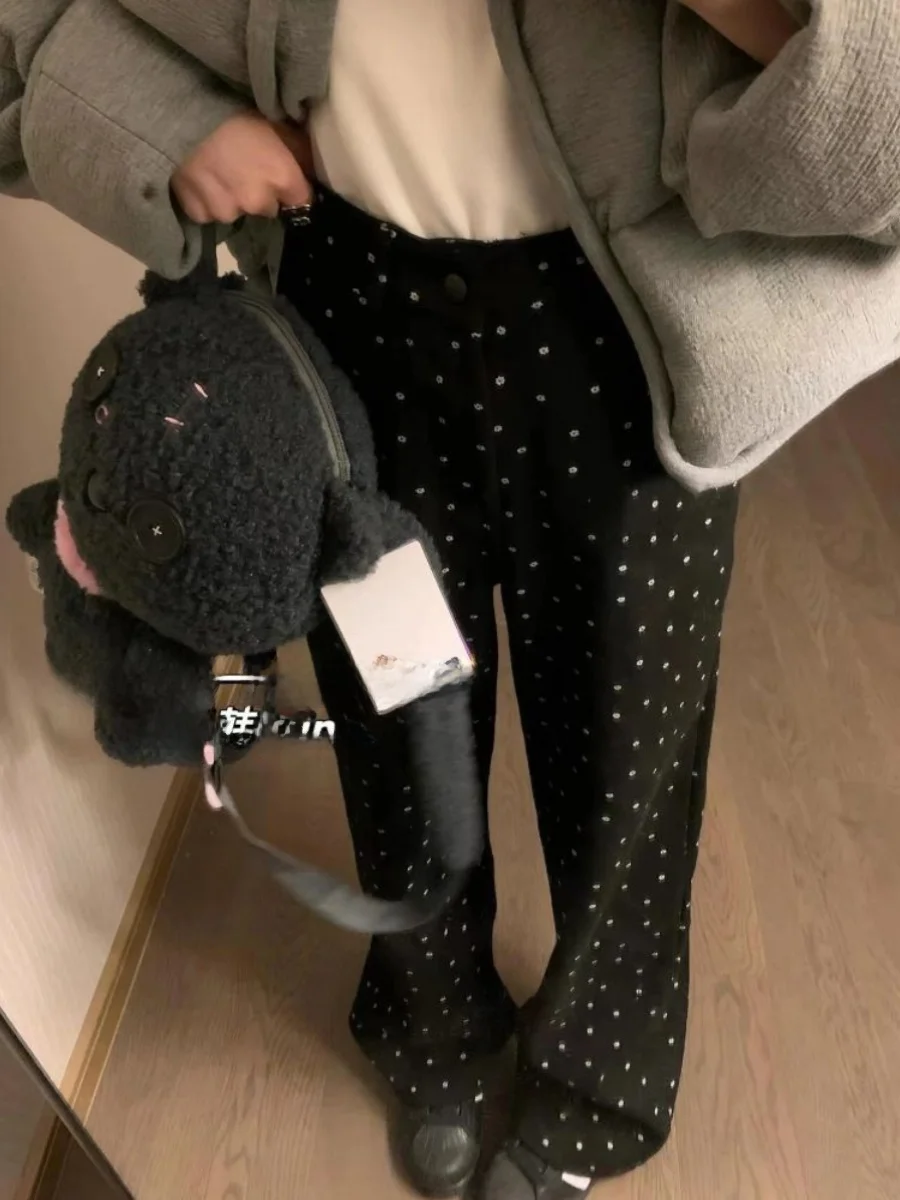 Jeans a gamba larga floreale a gamba dritta a vita alta Pantaloni in denim sottile estivo a pois retrò americani taglie forti da donna