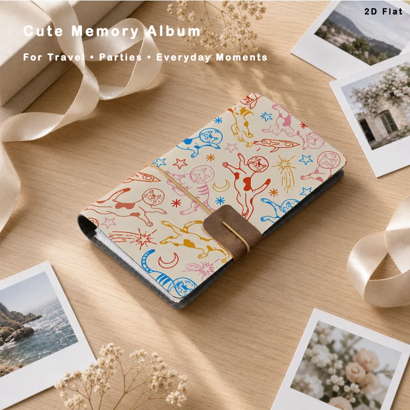 Cute Space Cat Instant Photo Album Holds 80 Photos 6‑Ring Binder Photo Book for Family Travel Couple Wedding Memory Storage