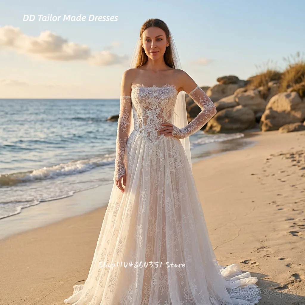 Lace Boho Wedding Dress A-Line Illusion Long Summer Beach Bridal Gowns Removable Sleeves Back Lace-Up Customized