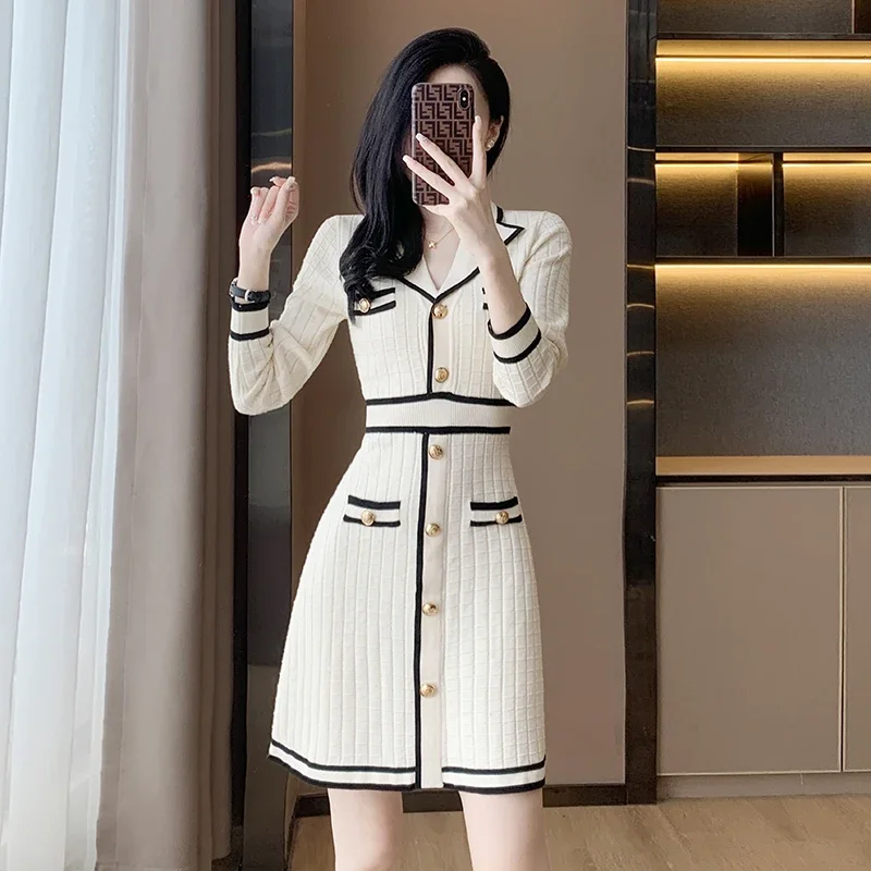 

2024 New Striped Sweaer Dresses Women Autumn Winter Fashion Button V-Neck Collar Knitted Dress Ladies Mini A-line Vestidos Mujer