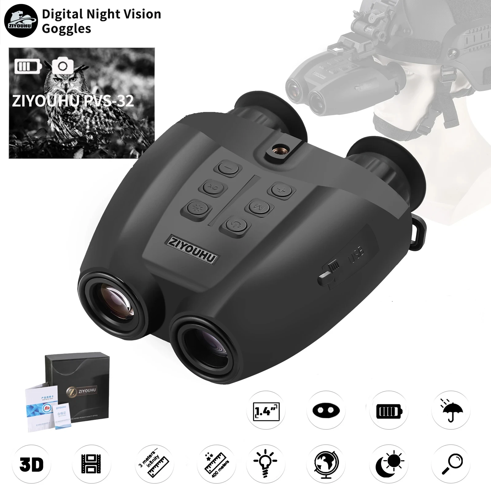 PVS-32 Hunting Digital Night Vision Goggles Infrared Binocular 1080P Video Camera for Helmet 6X-48X Zoom Long Range Viewing