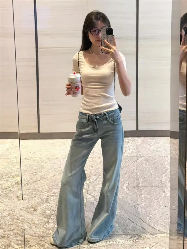 

Light Blue Low Waist Flared Jeans Women's Loose Drapey Spring Autumn Tall Extended Long Sexy Versatile Floor-Length Pants
