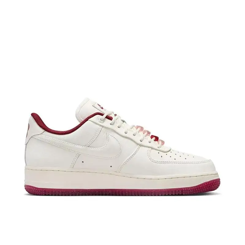 Nike Air Force 1 Valentine Day Comfortable and Versatile Trendy Low Top Board Shoes for Women in White, Red, and White Powder